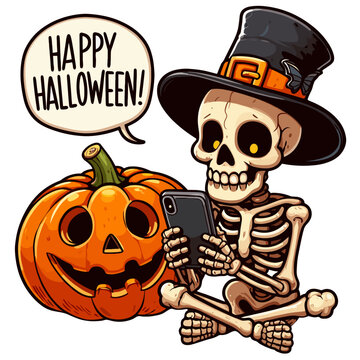 Sitting Halloween Skeleton with Top Hat and Pumpkin Holding Smartphone and Sending Happy Halloween Message in Speech Bubble for Digital Greeting Card, Social Media Post, and Party Invitation