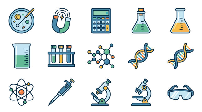 Science and Research Icons: Biology, Chemistry, Physics, Math
