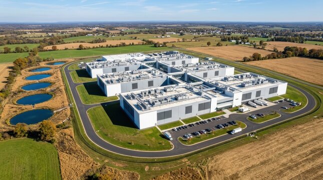 Aerial view of a large modern data center facility in a rural landscape