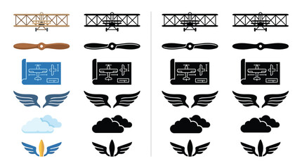 Collection of vintage airplane elements and aviation icons, including biplanes, propellers, blueprints, wings, clouds, and emblems. © Feldway