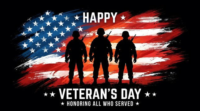 Veterans Day Greeting Banner with Military Soldier Silhouettes and American Flag