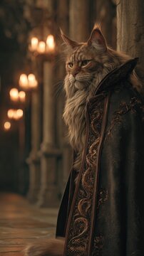 Majestic maine coon cat wearing a regal cloak with ornate trim in a dimly lit castle hall with candelabra