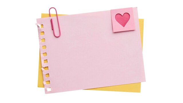 Pastel paper stationery notebook sheet torn edge paperclip sticky note heart design vector illustration
