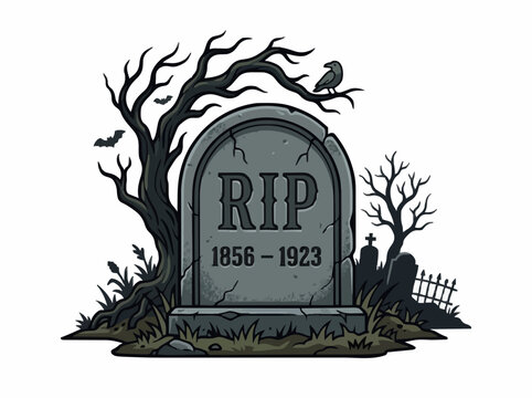 Grave tombstone vector illustration. Stone headstone with RIP lettering, spooky cemetery and dead symbol concept, simple modern illustration isolated on white background.