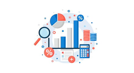 Fototapeta premium Business Data Analysis and Financial Planning Concept Vector Illustration with Bar Charts, Pie Charts, Calculator, and Investment Icons for Marketing and Reports