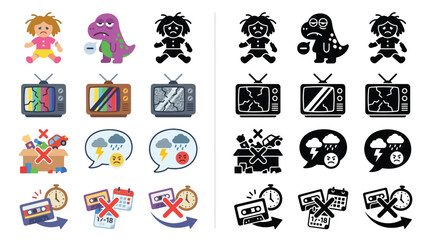 Collection of cartoon icons representing negative emotions and situations, including a sad doll, a grumpy dinosaur, a broken television, and a box of discarded toys.