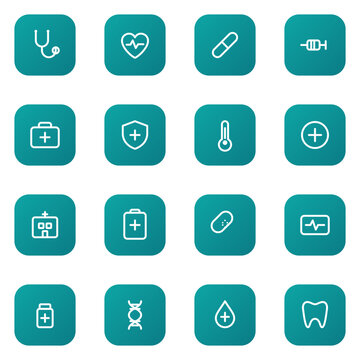 Medical and healthcare icon set. Stethoscope, heart rate, pill, syringe, first aid kit, health shield and more editable vector flat gradient icons.