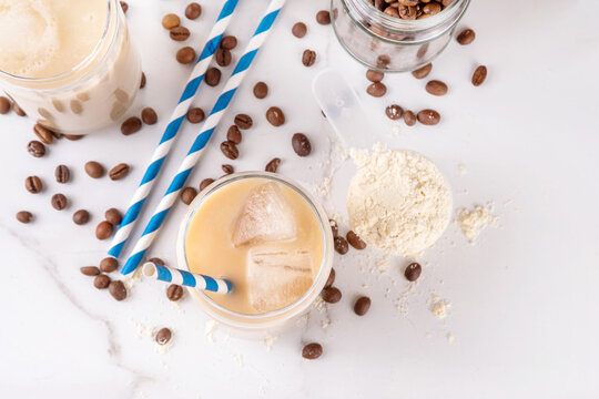 Iced protein coffee, whey isolate latte drink with whey protein powder