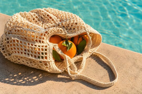 Crochet Beach Tote Bag with Fresh Oranges by Pool - Sunlit shot of a cream crochet tote bag filled with fresh oranges resting by a blue pool