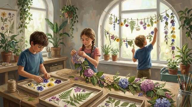 Children crafting with pressed flowers and plants in a bright indoor workspace