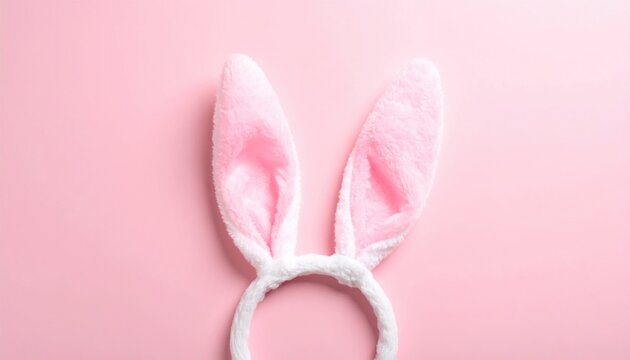 Fluffy white and pink bunny ears headband on a pink background, centrally placed and softly lit