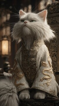 Majestic white siberian cat adorned in ornate imperial robes with dragon motifs sits regally on a throne