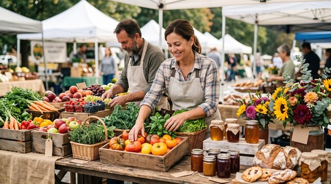 Farmers Market Stall with Fresh Produce and Baked Goods