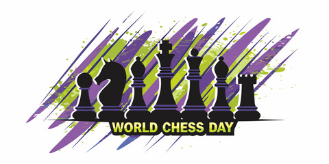 Black Chess Pieces Illustration With Colorful Brushstroke Background © Raju