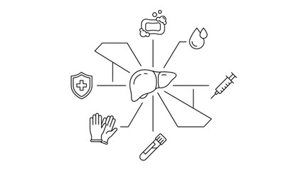 Fototapeta premium Vector illustration featuring a central liver icon surrounded by medical symbols like a syringe, soap, test tube, and protective shield, representing health and healthcare