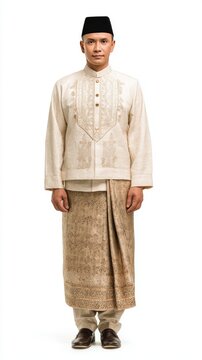 Man in traditional indonesian baju koko and sarong, wearing a black peci hat, standing against a