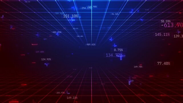 Stock market percentage grid visual with glowing blue red lines, floating rates, and futuristic trading depth. Perfect for finance videos, economic reports, data titles, and overlays.
