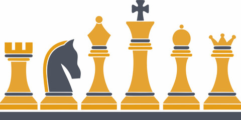 Chess Pieces Lineup Flat Vector Illustration With Gold And Gray Tones © Raju