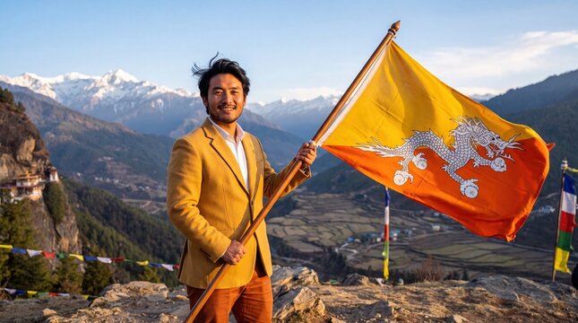 A smiling bhutanese man in a yellow blazer holds a large bhutan flag on a wooden pole, standing on a rocky mountain ridge overlooking a valley with snow-capped himalayan peaks in the background