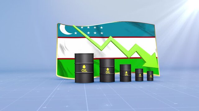 Uzbekistan Oil Price Falling with Oil Barrels Downward Green Arrow and 3D Financial Data Visualization Graphs for Economy and Business Concept