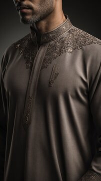 Man wearing a modest, long-sleeved, embroidered islamic menswear garment with a high collar