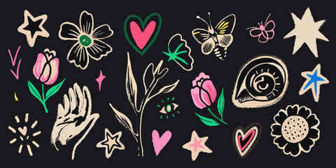 Floral Ornament And Butterflies Hand drawn Vector Illustration On Black Background © Raju