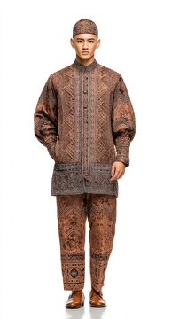 Man wearing traditional indonesian baju lebaran outfit with intricate brown patterns and matching cap