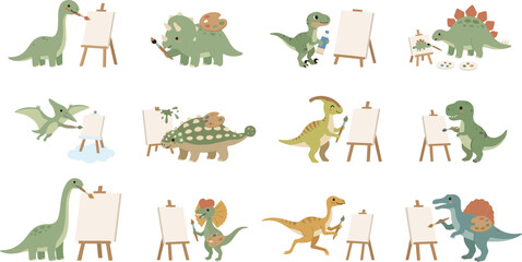 Cute Dinosaur Character Painting Vector Icon Set Featuring Prehistoric Animals Drawing on Canvas, Holding Brushes, and Palettes for Kids Art Class Designs © Mst