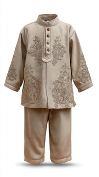 Modest beige embroidered baju kurta and pants set for young boys, traditional islamic clothing for children