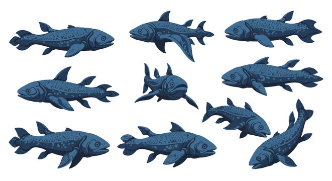 Set of Coelacanth Vector Illustrations in Various Swimming and Gliding Poses