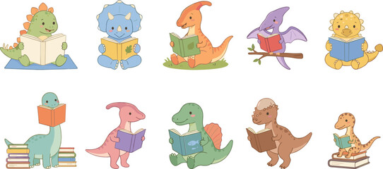 Cute Dinosaur Character Reading Book Vector Icon Set Featuring Prehistoric Animals Studying, Holding Notebooks, Sitting on Book Stacks for Kids Education Graphic Designs © Mst