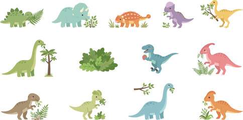 Cute Dinosaur Character Vector Icon Set Featuring Various Herbivore Species Eating Leaves, Plants, Trees, and Greenery for Kids Prehistoric Theme Designs © Mst
