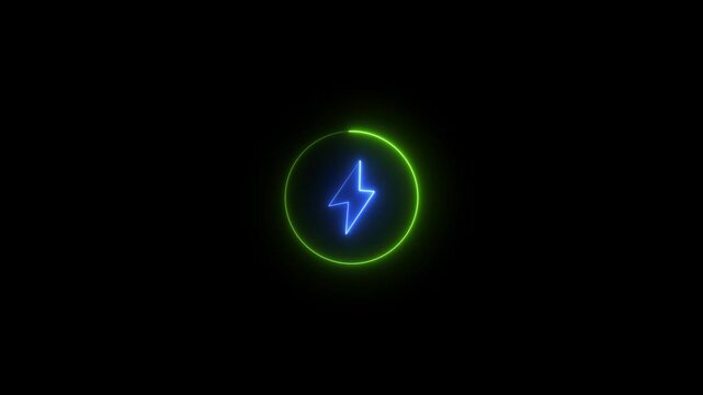 Neon green circle and blue lightning bolt icon glowing on black glow abstract