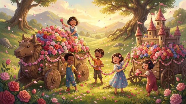 Happy children celebrating with flower carts in a magical fairy tale landscape scene