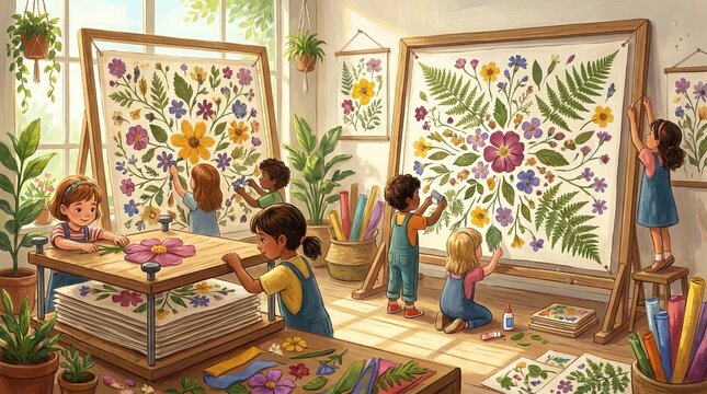 Happy children creating beautiful pressed flower art in a bright workshop setting