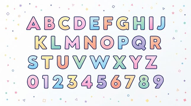 A cute, colorful set of English letters (A&ndash;Z) and numbers (0&ndash;9) featuring pastel colors, black outlines, and playful doodle patterns.