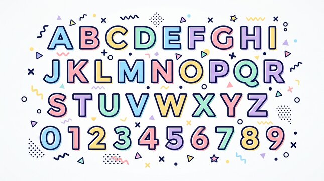Colorful pastel alphabet and numbers set from A to Z and 0 to 9, designed in a playful vector font style with Memphis pattern elements on a white background.