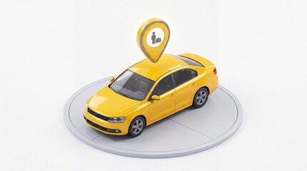 Fototapeta premium Yellow Car with Location Pin for Travel Pickup