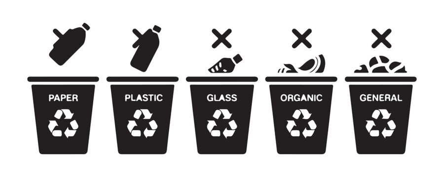 Set of garbage cans for sorting different types of waste black icon on transparent background.