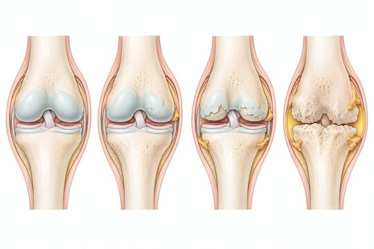 Knee osteoarthritis cartilage wear stages diagram, orthopedic medical illustration showing osteoarthritis progression from normal cartilage to bone-on-bone contact and osteophyte formation