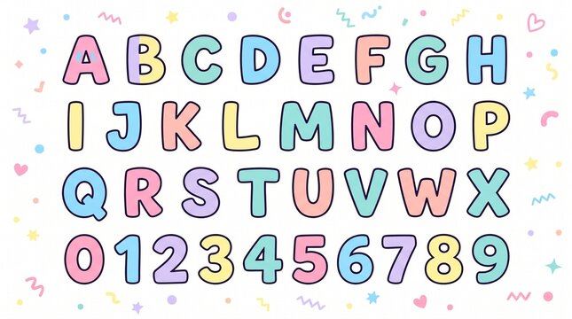 A colorful set of cute, bubble-style uppercase English alphabet letters (A&ndash;Z) and numbers (0&ndash;9) set against a white background decorated with soft pastel confetti, stars, hearts, and squiggles.