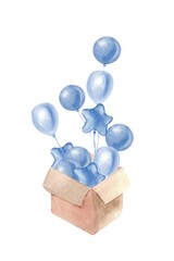 A hand-painted watercolor composition featuring a box with blue helium balloons and a star-shaped balloon flying out of it on an isolated background. Illustrations for a son's baby shower design