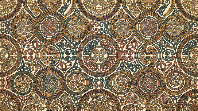 Intricate Celtic knotwork and zoomorphic interlace patterns adorn this richly colored textile, showcasing a complex medieval design.