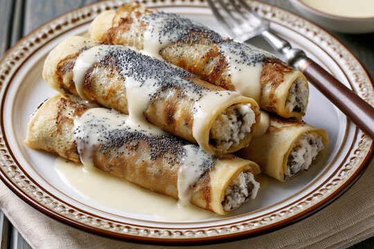 Winter crepes with poppy seeds, cottage cheese, and vanilla sauce