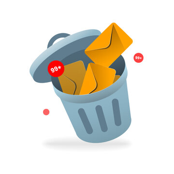 illustration of discarded email envelopes in trash. deletion, spam removal, inbox cleanup, unwanted message management. concepts of digital decluttering, unsubscribe actions, filtering tool