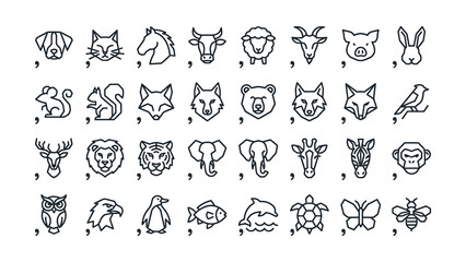Extensive set of simple line art animal icons featuring various domestic and wild creatures for modern design and educational projects © MARUF