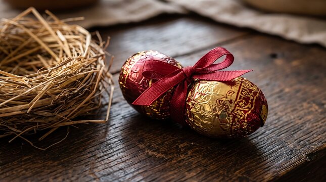 A close-up of two chocolate Easter eggs wrapped in gold and red foil with a red ribbon tied around them, sitting on a dark wooden table next to a small nest.
