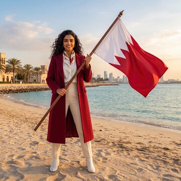 A smiling woman with curly dark hair stands on a sandy beach, wearing a long red coat and white trousers, while holding a large flag of bahrain on a wooden pole against a coastal cityscape