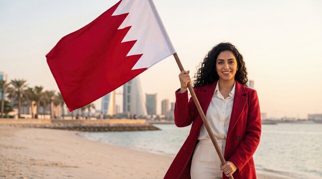 A smiling woman with curly hair wearing a red coat stands on a sandy beach, holding a large flag of bahrain against a backdrop, of a city, skyline and calm, water at sunset