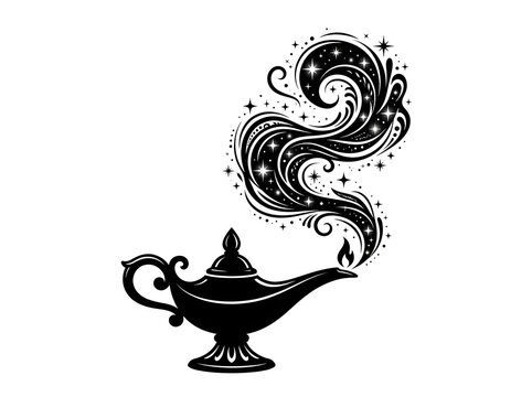Enchanting magic lamp vector silhouette with swirling mystical smoke and twinkling stars isolated on white